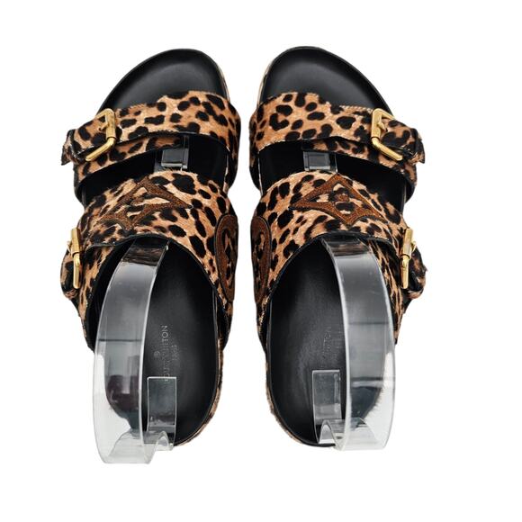 Louis Vuitton Bom Dia Flat Slide Sandal Monogram Leopard Gold Size 37 US 7 - Picture 7 of 15